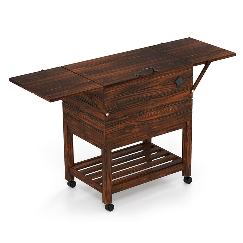 54 Quart Wooden Rolling Cooler Cart, Patio Ice Chest with 2 Drop Leaf Tables, Bottle Opener & Bottom Shelf, Insulated Pine Wood Beverage Bar for Party