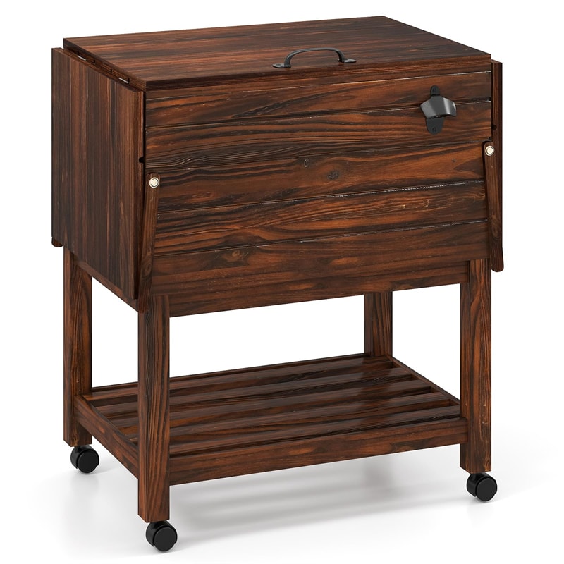54 Quart Wooden Rolling Cooler Cart, Patio Ice Chest with 2 Drop Leaf Tables, Bottle Opener & Bottom Shelf, Insulated Pine Wood Beverage Bar for Party