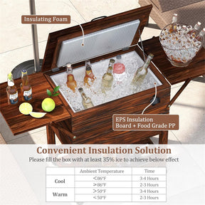 54 Quart Wooden Rolling Cooler Cart, Patio Ice Chest with 2 Drop Leaf Tables, Bottle Opener & Bottom Shelf, Insulated Pine Wood Beverage Bar for Party