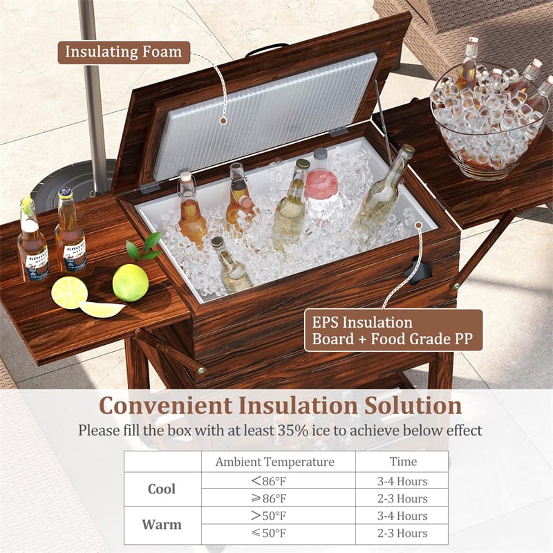 54 Quart Wooden Rolling Cooler Cart, Patio Ice Chest with 2 Drop Leaf Tables, Bottle Opener & Bottom Shelf, Insulated Pine Wood Beverage Bar for Party