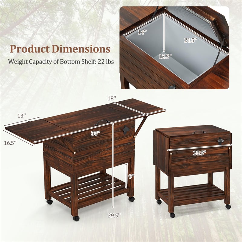 54 Quart Wooden Rolling Cooler Cart, Patio Ice Chest with 2 Drop Leaf Tables, Bottle Opener & Bottom Shelf, Insulated Pine Wood Beverage Bar for Party