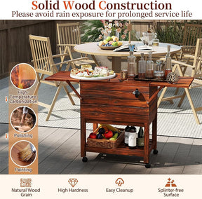 54 Quart Wooden Rolling Cooler Cart, Patio Ice Chest with 2 Drop Leaf Tables, Bottle Opener & Bottom Shelf, Insulated Pine Wood Beverage Bar for Party