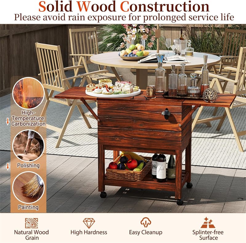 54 Quart Wooden Rolling Cooler Cart, Patio Ice Chest with 2 Drop Leaf Tables, Bottle Opener & Bottom Shelf, Insulated Pine Wood Beverage Bar for Party