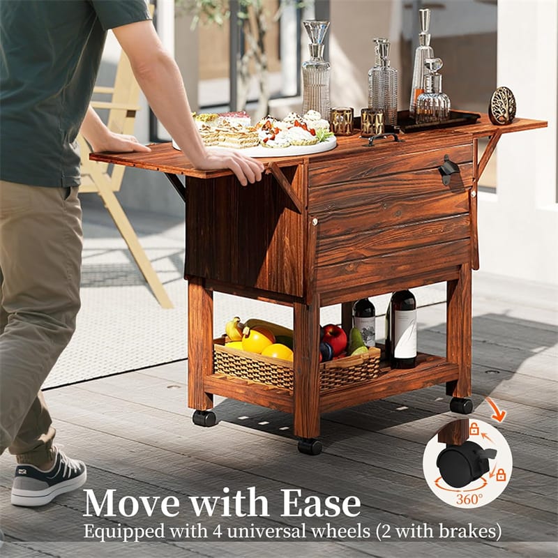 54 Quart Wooden Rolling Cooler Cart, Patio Ice Chest with 2 Drop Leaf Tables, Bottle Opener & Bottom Shelf, Insulated Pine Wood Beverage Bar for Party