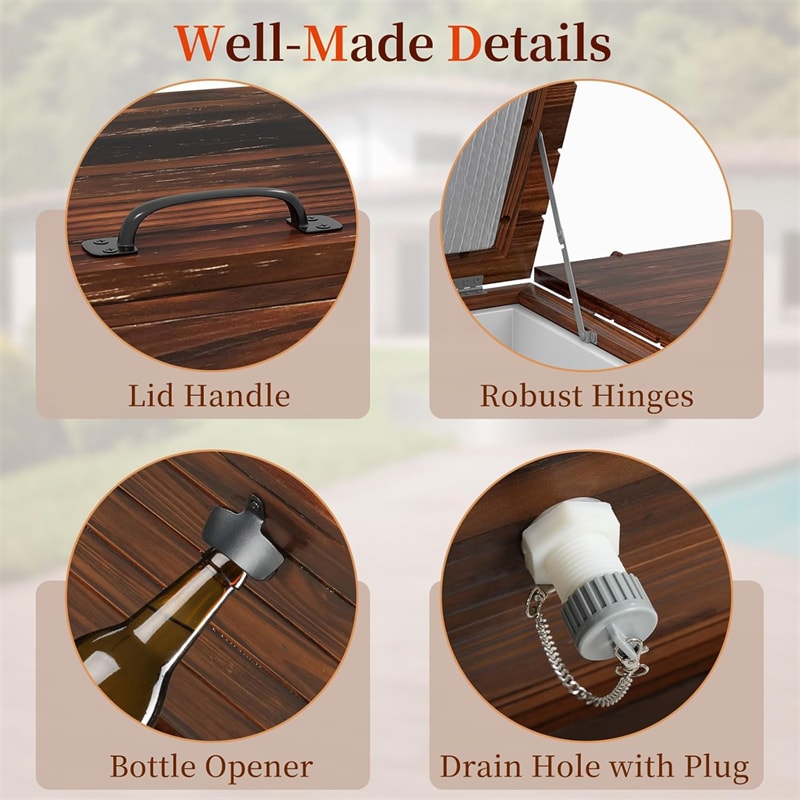 54 Quart Wooden Rolling Cooler Cart, Patio Ice Chest with 2 Drop Leaf Tables, Bottle Opener & Bottom Shelf, Insulated Pine Wood Beverage Bar for Party