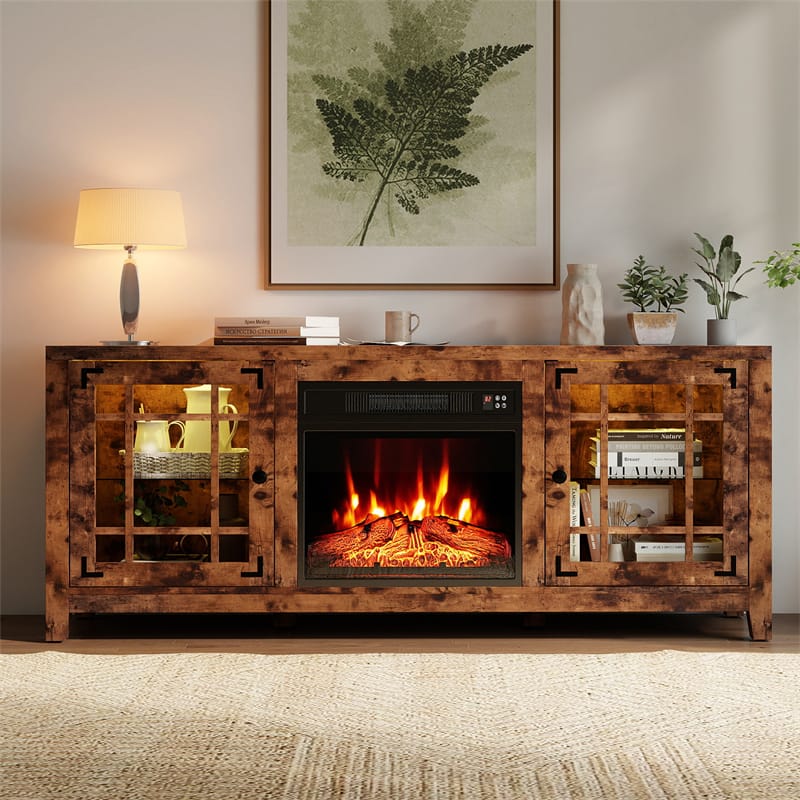 58" Electric Fireplace TV Stand Entertainment Center for 65 inch TV with 18" Heater, Thermostat, Remote, LED Lights & Adjustable Shelves