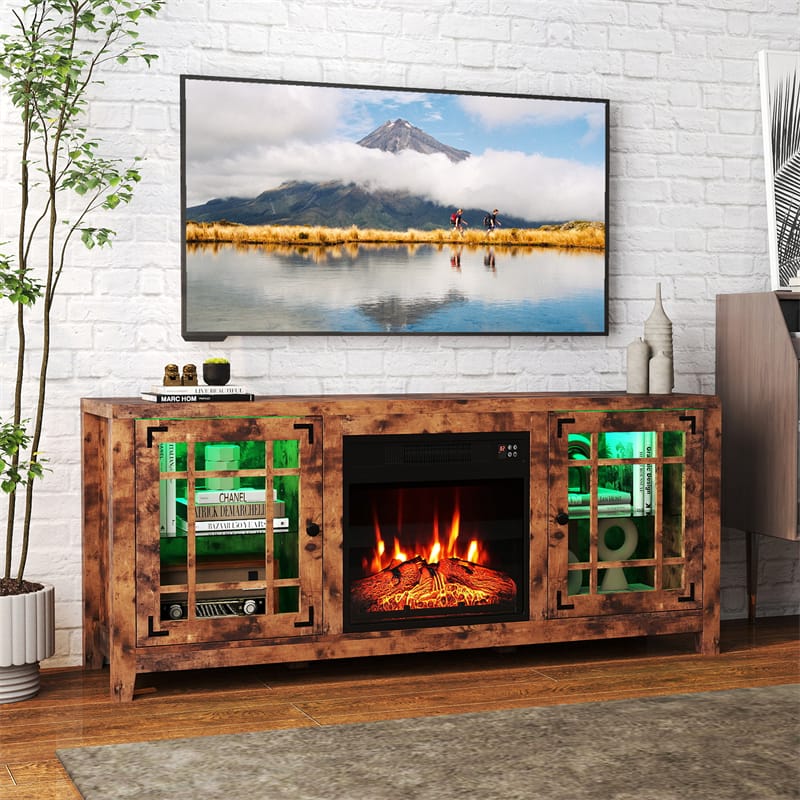 58" Electric Fireplace TV Stand Entertainment Center for 65 inch TV with 18" Heater, Thermostat, Remote, LED Lights & Adjustable Shelves