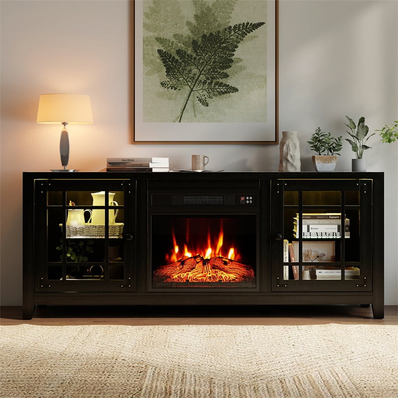 58" Electric Fireplace TV Stand Entertainment Center for 65 inch TV with 18" Heater, Thermostat, Remote, LED Lights & Adjustable Shelves