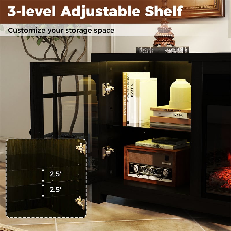 58" Electric Fireplace TV Stand Entertainment Center for 65 inch TV with 18" Heater, Thermostat, Remote, LED Lights & Adjustable Shelves