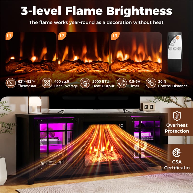 58" Electric Fireplace TV Stand Entertainment Center for 65 inch TV with 18" Heater, Thermostat, Remote, LED Lights & Adjustable Shelves