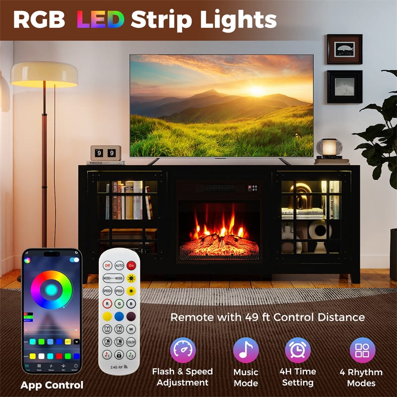 58" Electric Fireplace TV Stand Entertainment Center for 65 inch TV with 18" Heater, Thermostat, Remote, LED Lights & Adjustable Shelves