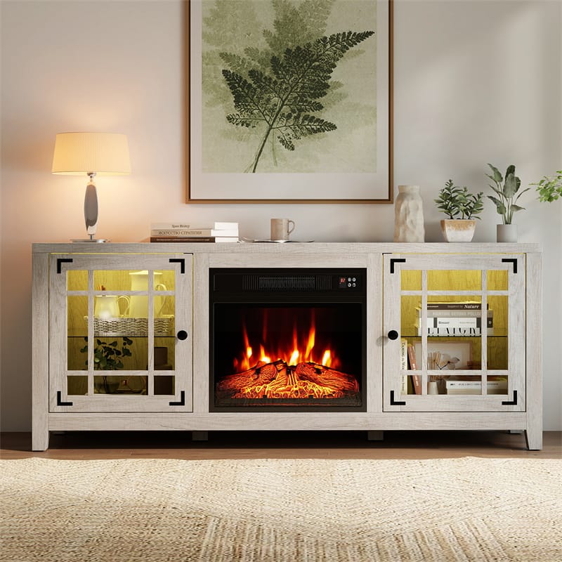 58" Electric Fireplace TV Stand Entertainment Center for 65 inch TV with 18" Heater, Thermostat, Remote, LED Lights & Adjustable Shelves