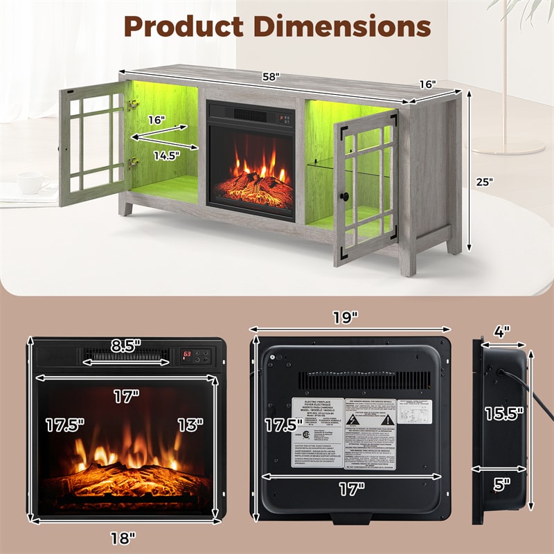 58" Electric Fireplace TV Stand Entertainment Center for 65 inch TV with 18" Heater, Thermostat, Remote, LED Lights & Adjustable Shelves
