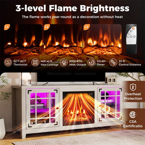 58" Electric Fireplace TV Stand Entertainment Center for 65 inch TV with 18" Heater, Thermostat, Remote, LED Lights & Adjustable Shelves