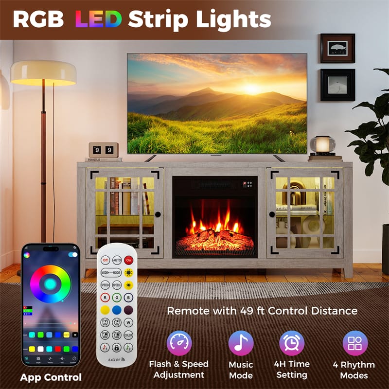 58" Electric Fireplace TV Stand Entertainment Center for 65 inch TV with 18" Heater, Thermostat, Remote, LED Lights & Adjustable Shelves