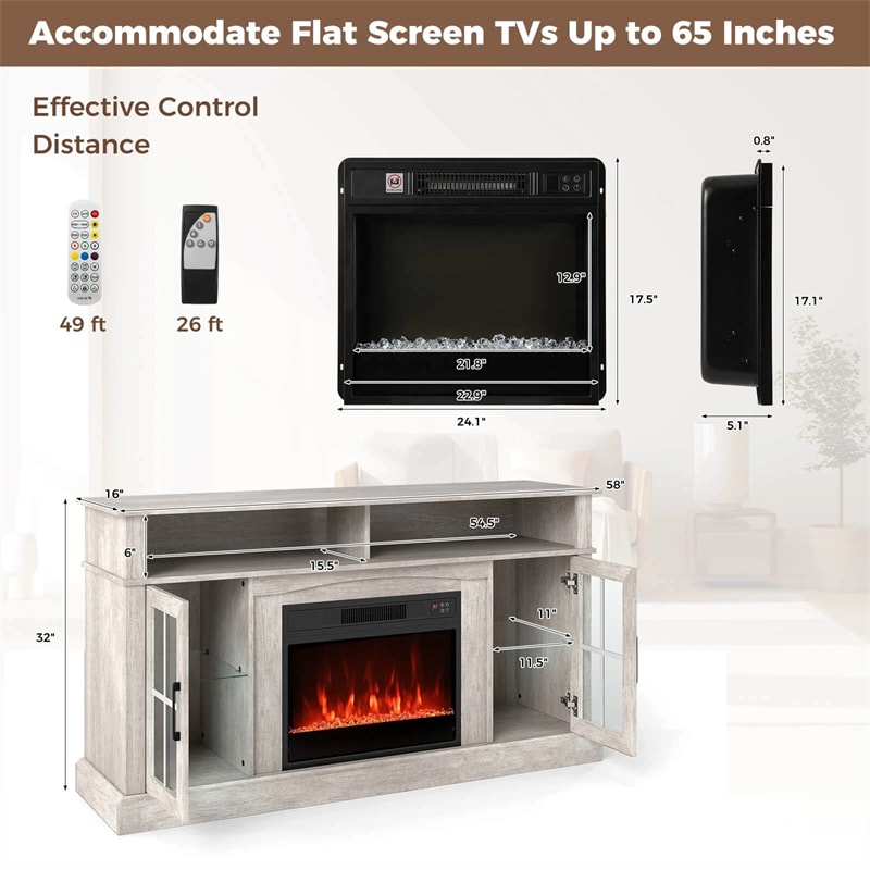 58" Electric Fireplace TV Stand for 65" TVs, Entertainment Center with 28" Fireplace Heater Insert, LED Lights, Remote Control & Storage