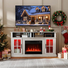 58" Electric Fireplace TV Stand for 65" TVs, Entertainment Center with 28" Fireplace Heater Insert, LED Lights, Remote Control & Storage