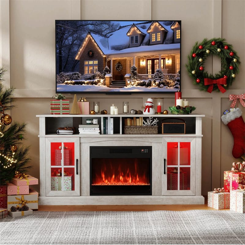 58" Electric Fireplace TV Stand for 65" TVs, Entertainment Center with 28" Fireplace Heater Insert, LED Lights, Remote Control & Storage
