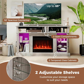 58" Electric Fireplace TV Stand for 65" TVs, Entertainment Center with 28" Fireplace Heater Insert, LED Lights, Remote Control & Storage