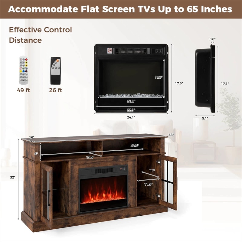58" Electric Fireplace TV Stand for 65" TVs, Entertainment Center with 28" Fireplace Heater Insert, LED Lights, Remote Control & Storage