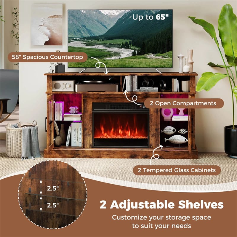 58" Electric Fireplace TV Stand for 65" TVs, Entertainment Center with 28" Fireplace Heater Insert, LED Lights, Remote Control & Storage