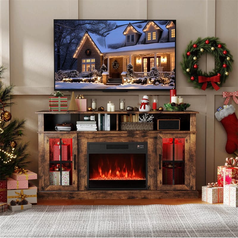 58" Electric Fireplace TV Stand for 65" TVs, Entertainment Center with 28" Fireplace Heater Insert, LED Lights, Remote Control & Storage