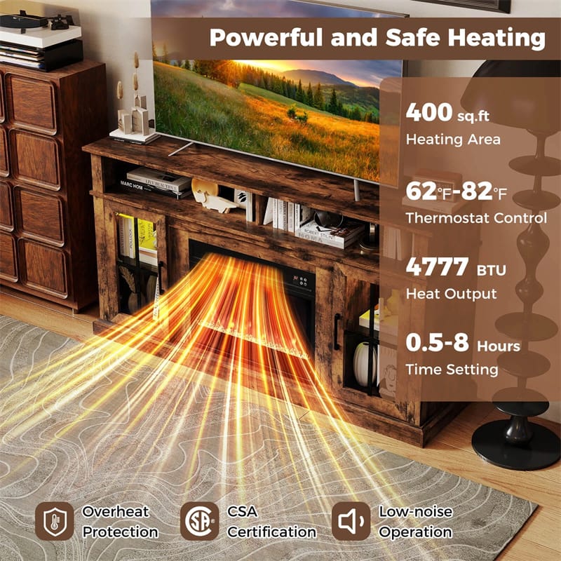 58" Electric Fireplace TV Stand for 65" TVs, Entertainment Center with 28" Fireplace Heater Insert, LED Lights, Remote Control & Storage