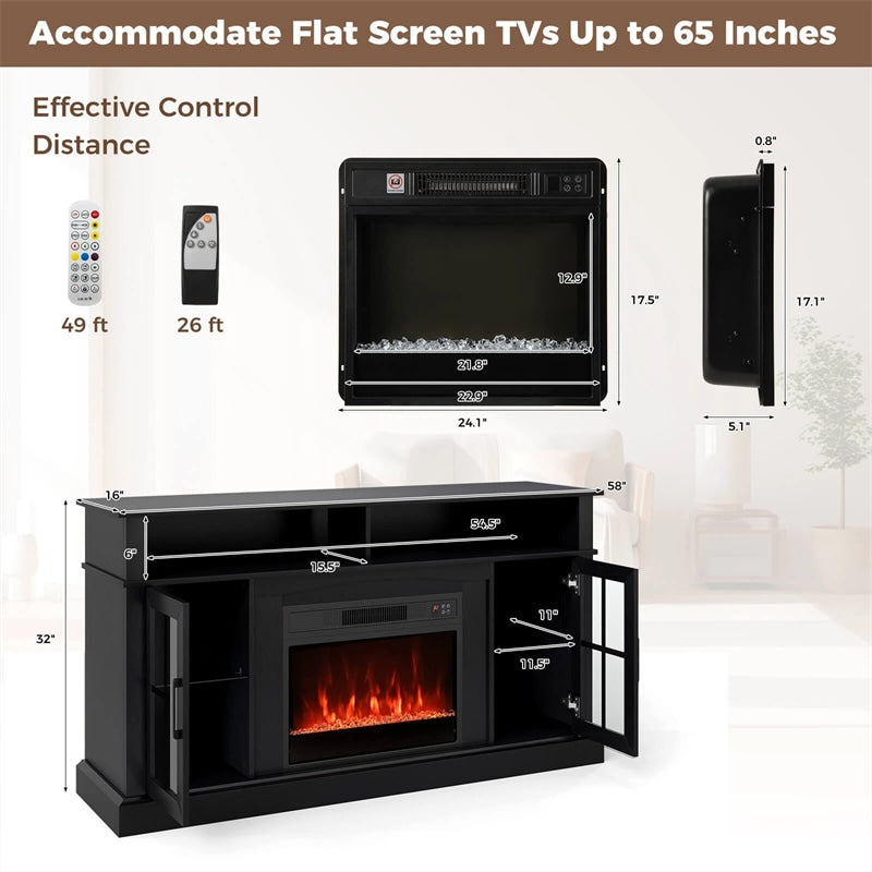 58" Electric Fireplace TV Stand for 65" TVs, Entertainment Center with 28" Fireplace Heater Insert, LED Lights, Remote Control & Storage