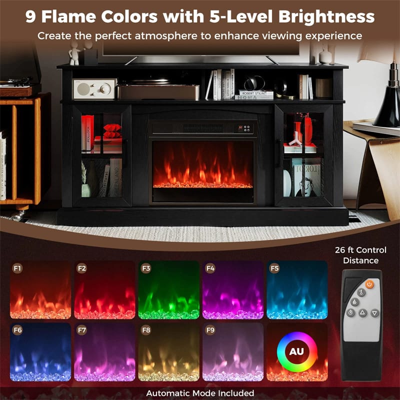 58" Electric Fireplace TV Stand for 65" TVs, Entertainment Center with 28" Fireplace Heater Insert, LED Lights, Remote Control & Storage