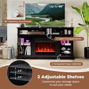 58" Electric Fireplace TV Stand for 65" TVs, Entertainment Center with 28" Fireplace Heater Insert, LED Lights, Remote Control & Storage