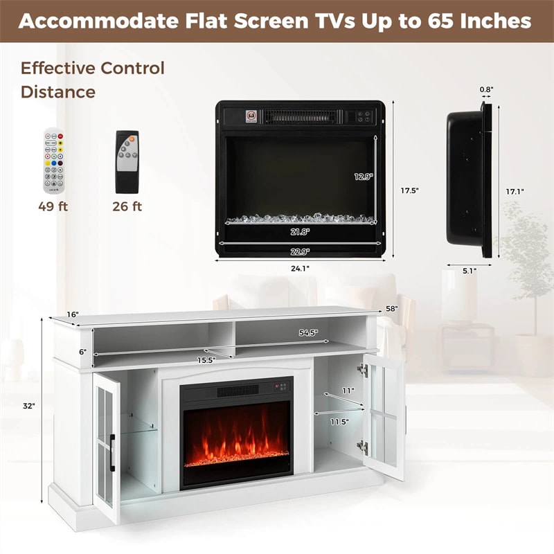 58" Electric Fireplace TV Stand for 65" TVs, Entertainment Center with 28" Fireplace Heater Insert, LED Lights, Remote Control & Storage