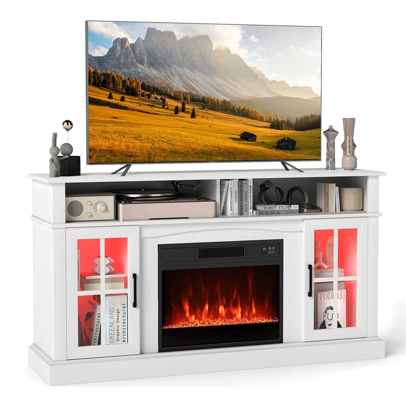 58" Electric Fireplace TV Stand for 65" TVs, Entertainment Center with 28" Fireplace Heater Insert, LED Lights, Remote Control & Storage