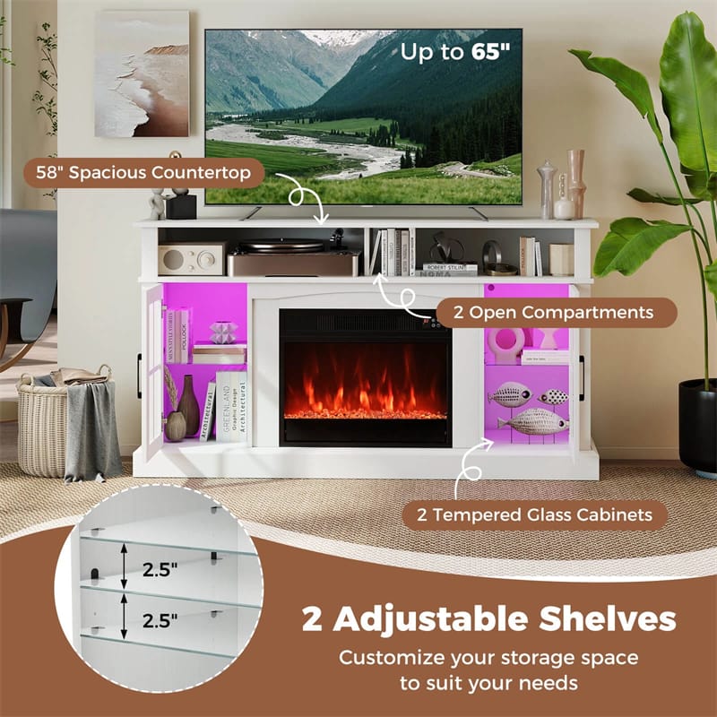 58" Electric Fireplace TV Stand for 65" TVs, Entertainment Center with 28" Fireplace Heater Insert, LED Lights, Remote Control & Storage