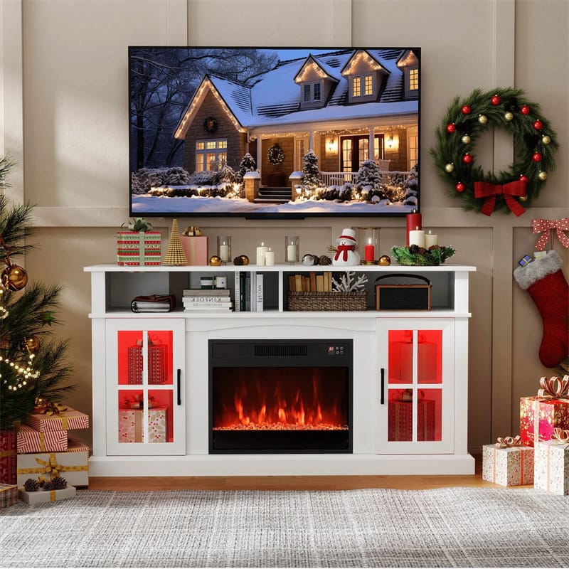 58" Electric Fireplace TV Stand for 65" TVs, Entertainment Center with 28" Fireplace Heater Insert, LED Lights, Remote Control & Storage