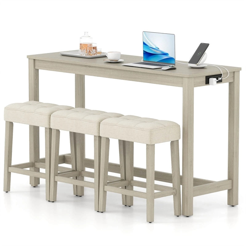 4-Piece Bar Table Set with Charging Station, 59" Counter Height Breakfast Nook Dining Set with 3 Padded Stools for Kitchen, Dinette & Small Spaces