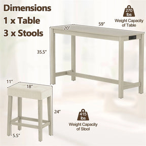 4-Piece Bar Table Set with Charging Station, 59" Counter Height Breakfast Nook Dining Set with 3 Padded Stools for Kitchen, Dinette & Small Spaces