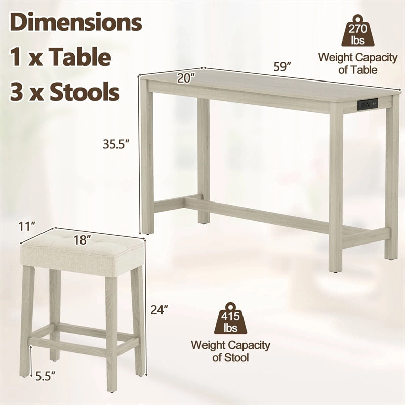4-Piece Bar Table Set with Charging Station, 59" Counter Height Breakfast Nook Dining Set with 3 Padded Stools for Kitchen, Dinette & Small Spaces
