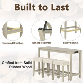 4-Piece Bar Table Set with Charging Station, 59" Counter Height Breakfast Nook Dining Set with 3 Padded Stools for Kitchen, Dinette & Small Spaces