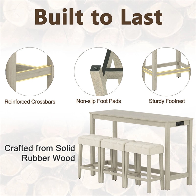 4-Piece Bar Table Set with Charging Station, 59" Counter Height Breakfast Nook Dining Set with 3 Padded Stools for Kitchen, Dinette & Small Spaces