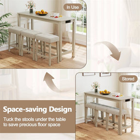 4-Piece Bar Table Set with Charging Station, 59" Counter Height Breakfast Nook Dining Set with 3 Padded Stools for Kitchen, Dinette & Small Spaces