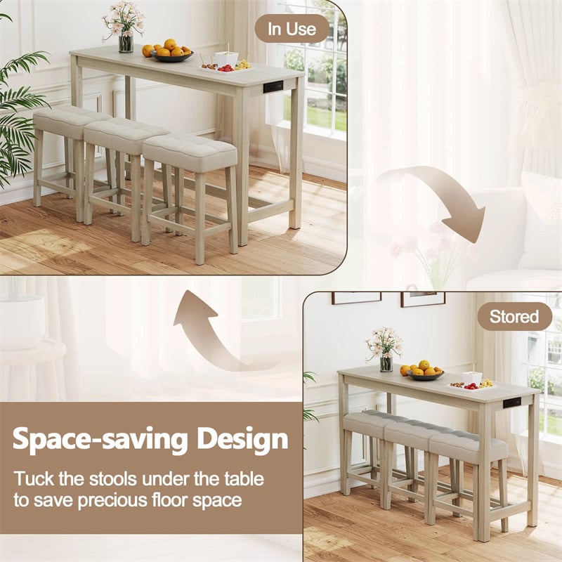 4-Piece Bar Table Set with Charging Station, 59" Counter Height Breakfast Nook Dining Set with 3 Padded Stools for Kitchen, Dinette & Small Spaces