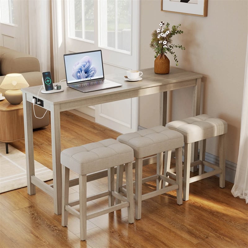 4-Piece Bar Table Set with Charging Station, 59" Counter Height Breakfast Nook Dining Set with 3 Padded Stools for Kitchen, Dinette & Small Spaces