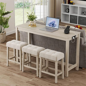 4-Piece Bar Table Set with Charging Station, 59" Counter Height Breakfast Nook Dining Set with 3 Padded Stools for Kitchen, Dinette & Small Spaces
