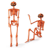5.2 FT Orange Pumpkin Head Skeleton, Life-Size Poseable Halloween Skeleton Decor with 7 Moving Joints for Outdoor Yard, Haunted House, Indoor Party