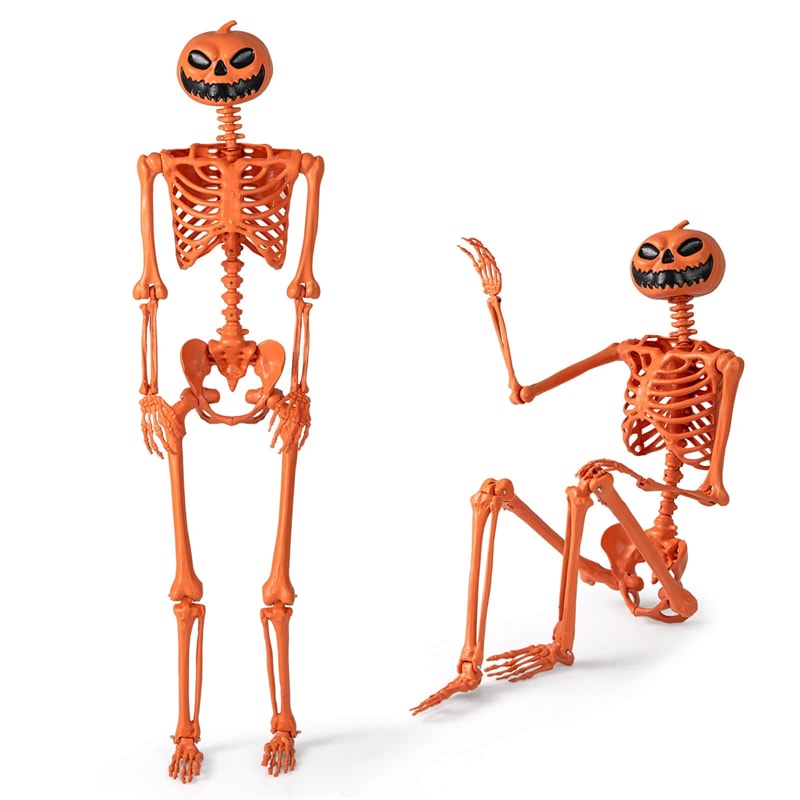 5.2 FT Orange Pumpkin Head Skeleton, Life-Size Poseable Halloween Skeleton Decor with 7 Moving Joints for Outdoor Yard, Haunted House, Indoor Party