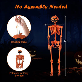 5.2 FT Orange Pumpkin Head Skeleton, Life-Size Poseable Halloween Skeleton Decor with 7 Moving Joints for Outdoor Yard, Haunted House, Indoor Party
