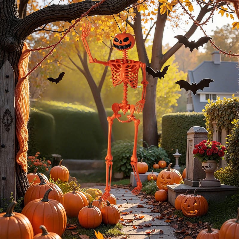 5.2 FT Orange Pumpkin Head Skeleton, Life-Size Poseable Halloween Skeleton Decor with 7 Moving Joints for Outdoor Yard, Haunted House, Indoor Party