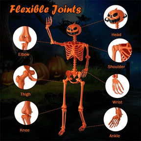5.2 FT Orange Pumpkin Head Skeleton, Life-Size Poseable Halloween Skeleton Decor with 7 Moving Joints for Outdoor Yard, Haunted House, Indoor Party