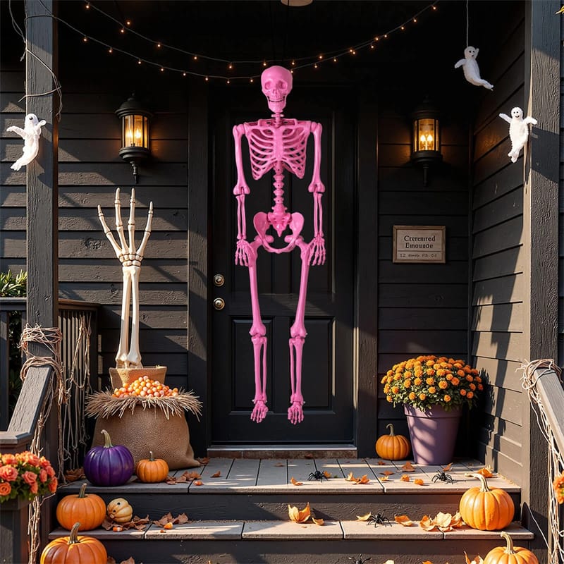 5.5 FT Pink Halloween Skeleton, Life-Size Poseable Skeleton Decor with Movable Joints for Graveyard Prop, Haunted House, Indoor & Outdoor Use