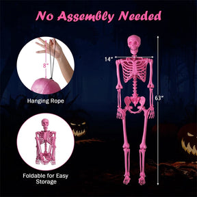 5.5 FT Pink Halloween Skeleton, Life-Size Poseable Skeleton Decor with Movable Joints for Graveyard Prop, Haunted House, Indoor & Outdoor Use